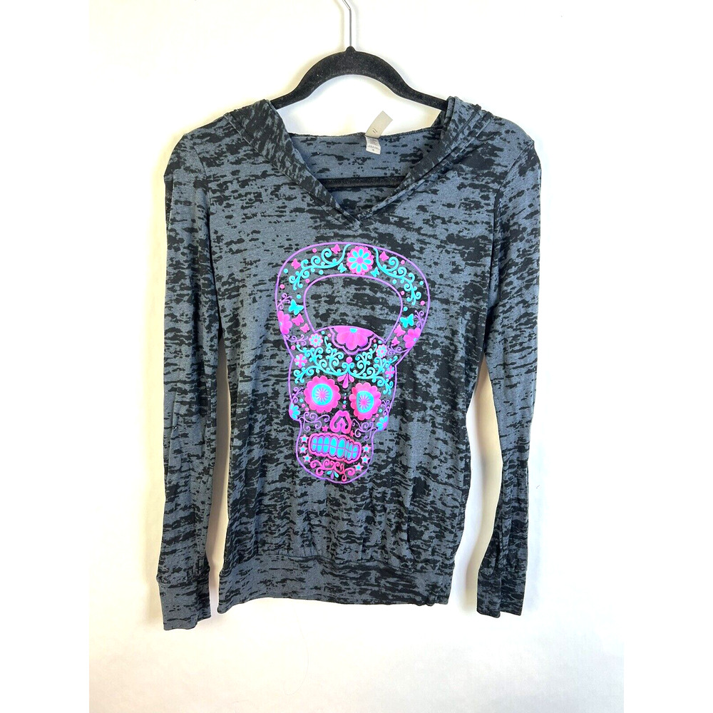 Next level Hooded Top Women's Small Sugar Skull Burn Out Black Blue Pink Casual